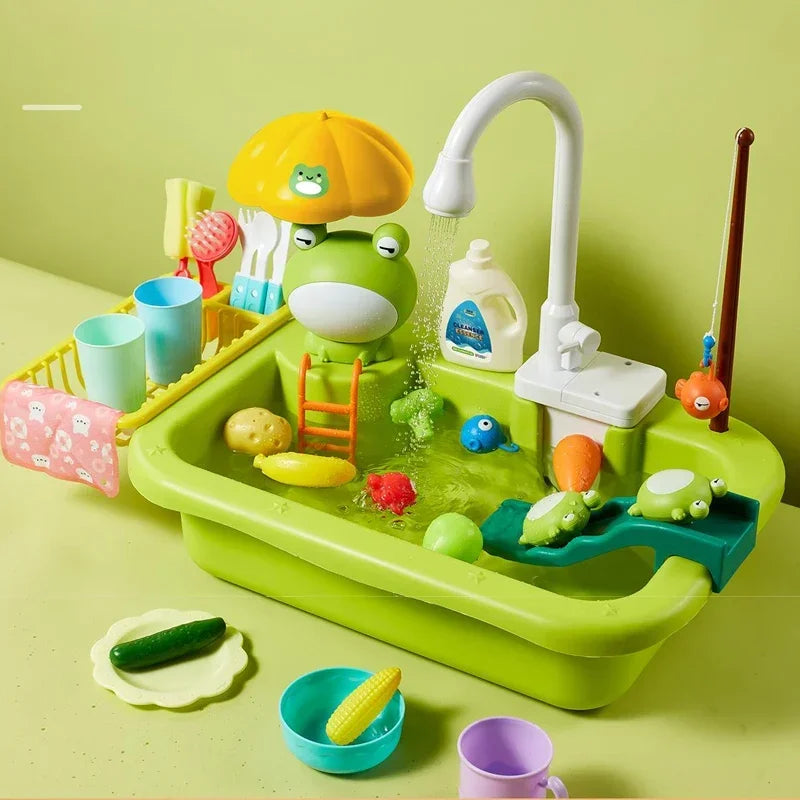 Kids Kitchen Sink Toy w/Electric Dishwasher&Running Water Pretend Play Food Fishing Game for 3+Year Old Girls Boys Birthday Gift