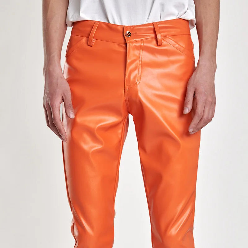 بنطلون رجالي من الجلد الصناعي بتصميم روك ستايل، بنطلون مناسب للرقص في النوادي الليلية، بنطلون رجالي ضيق من الجلد الصناعي مناسب للدراجات النارية