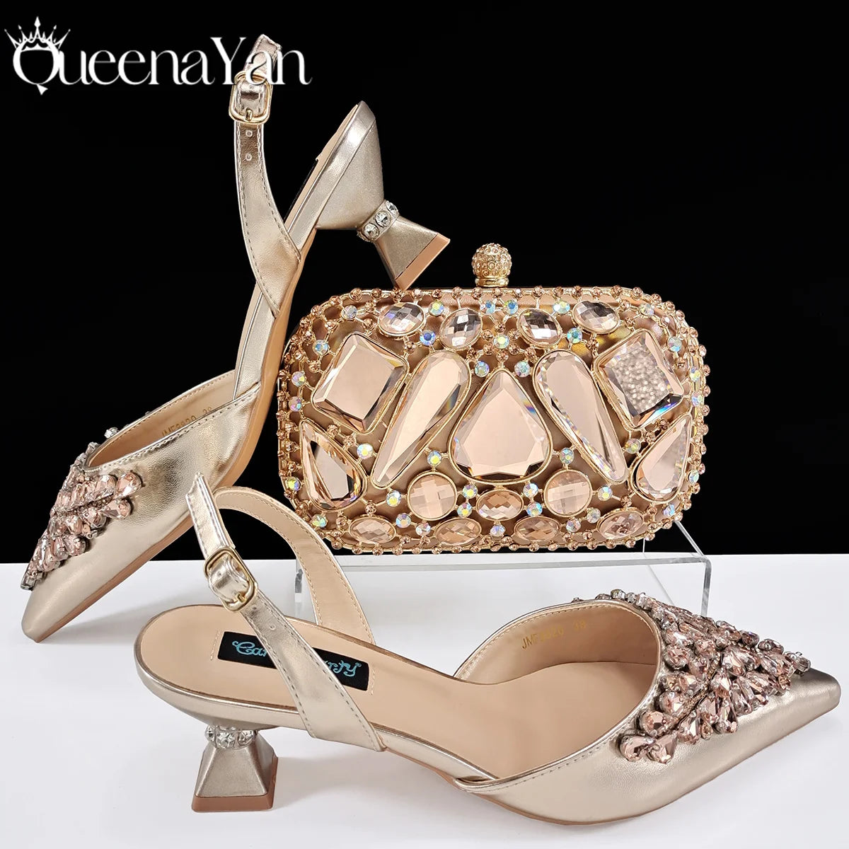 Queena Yan Italian shoes and handbags accessory set with rhinestone metal embellishments Wedding shoes Bridal shoes Designer