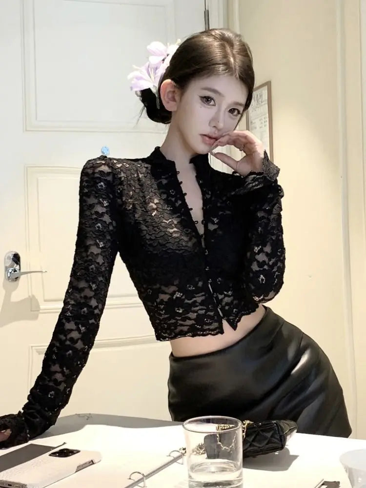 Women Clothing Spring Autumn Fashion Simplicity Trend Lace Button Solid Color Ladies Pure Desire Wind Bottoming Shirt Cardigan