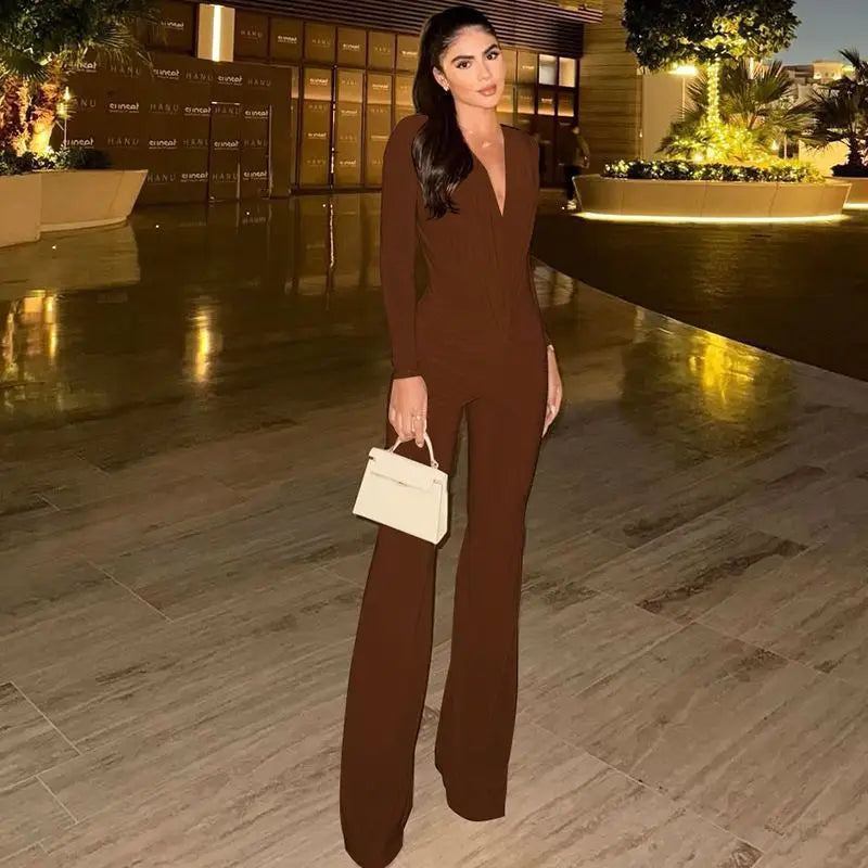 Women's Clothing 2025 Autumn Solid Color Long-sleeved Deep V-neck Fashion Pleated Slim-fit Jumpsuit