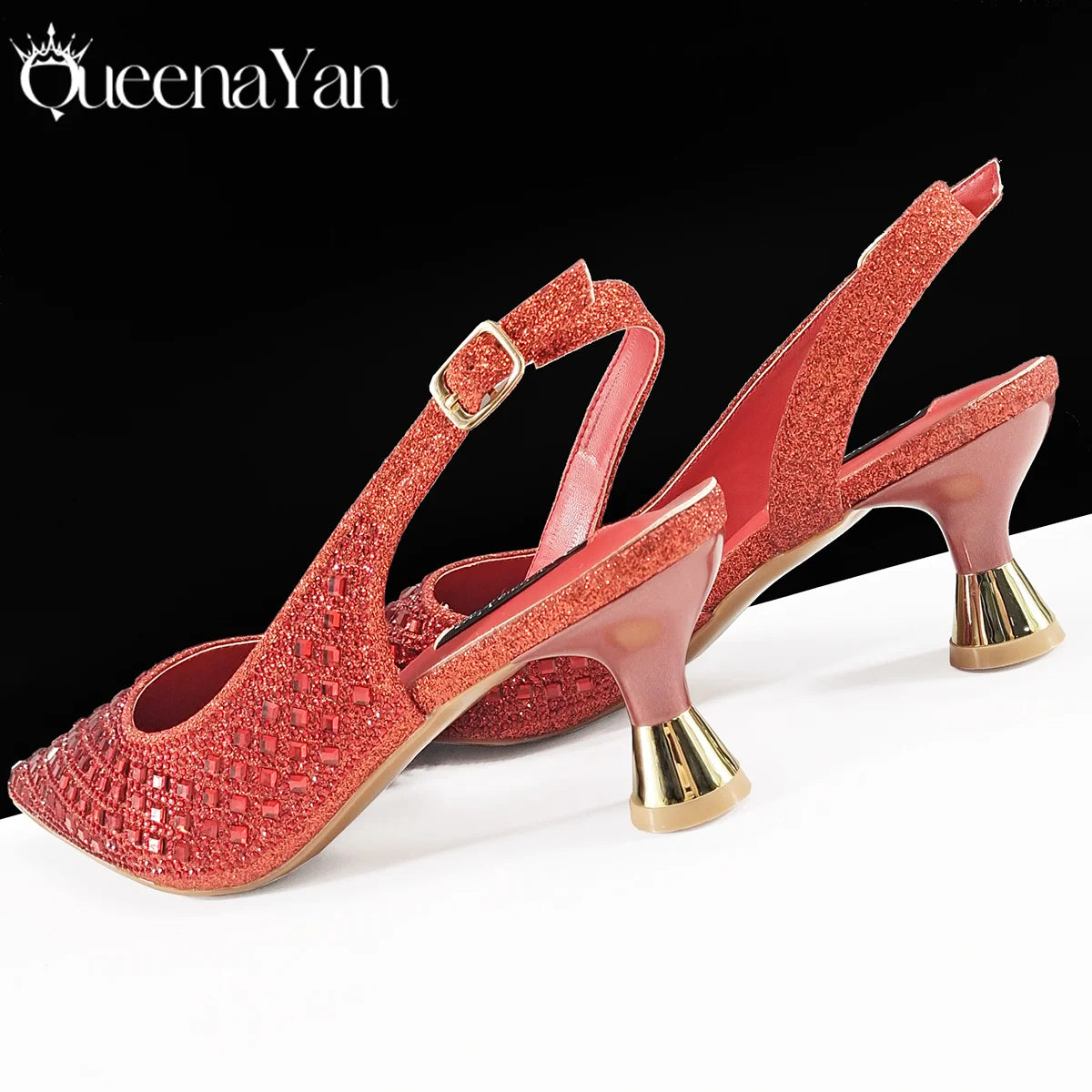 Queena Yan Italian Design Rhinestone Luxury Green Colour Pointed Toe Shoe & Bag Set Women's High Heels for Parties High Quality