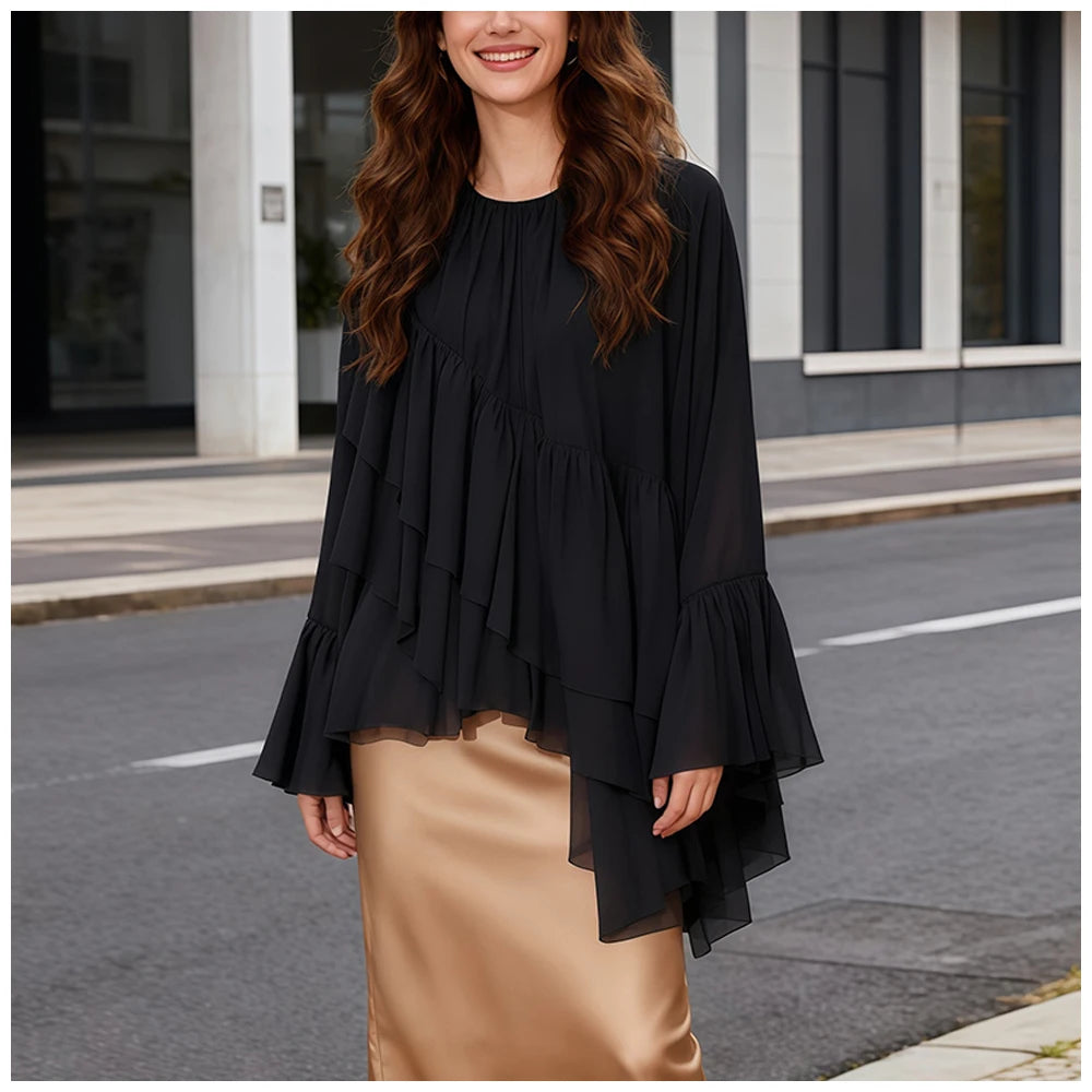 Womens Fashion Blouse Top With Ruffled Round Neck Long Sleeves And Asymmetrical Chiffon Shirt Autumn And Winter Casual Wear