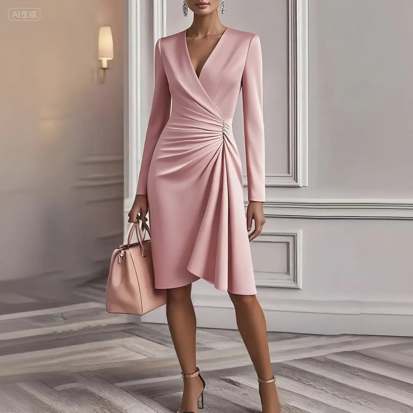 فستان نسائي ربيع خريف موضة جديدة برقبة على شكل حرف V مطوي باللون الأبيض بأكمام طويلة مناسب للمكتب والحفلات للنساء فيستدوس 2025