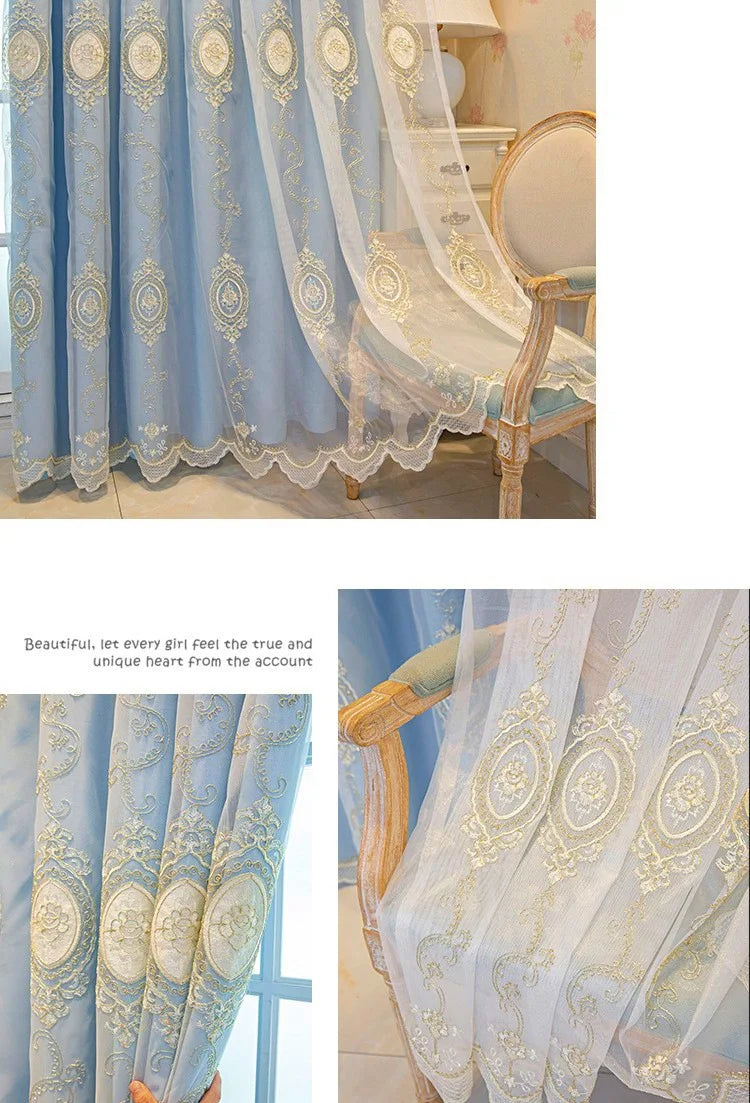 ستائر مخصصة لغرفة المعيشة وغرفة الطعام وغرفة النوم، قماش أوروبي فاخر مزدوج الطبقات مع تطريز متكامل وديكور معتم