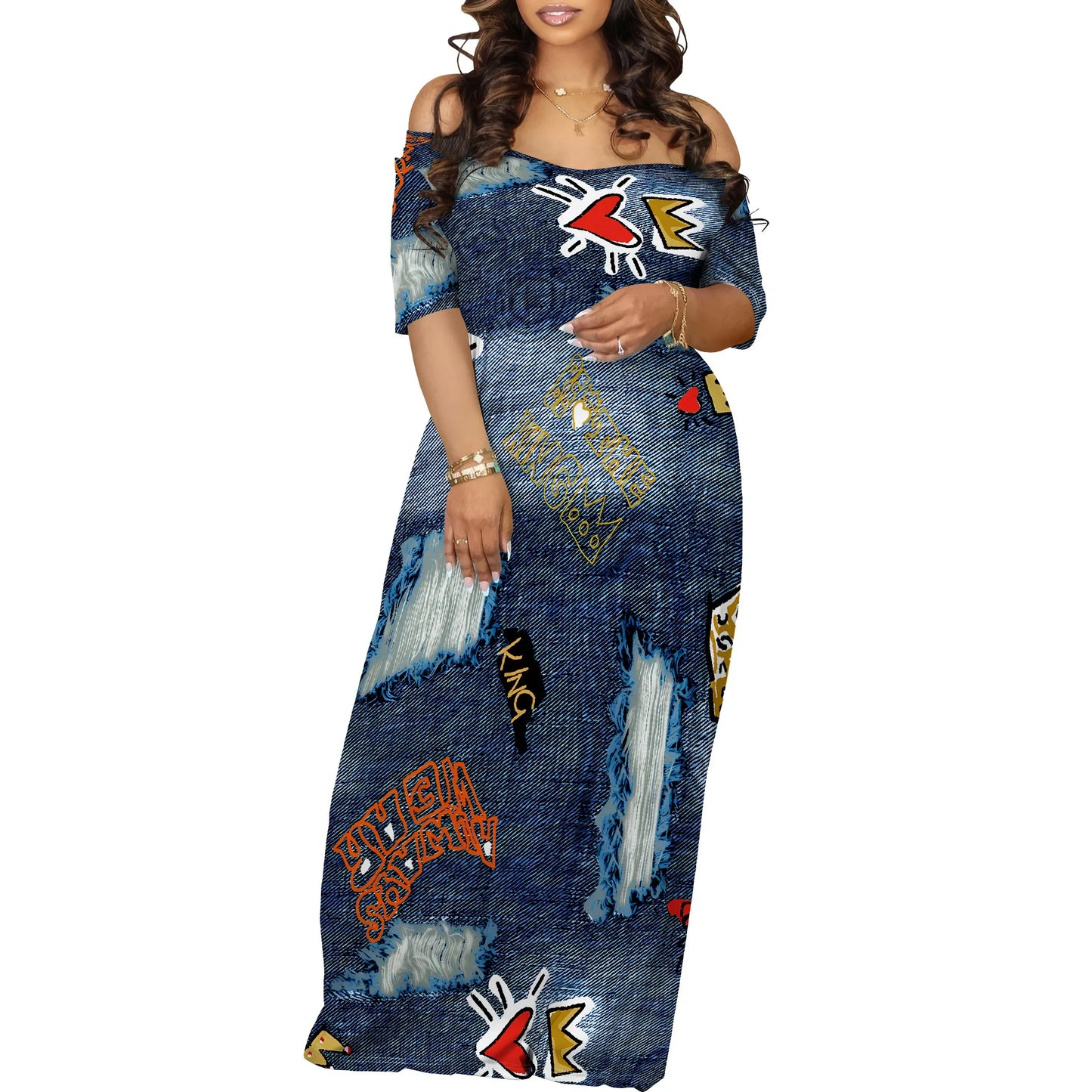 Women's Fashion  Printed Short Sleeve Long Dress Sexy Off Shoulder Backless Bodycon Split Cocktail Party Dress ﻿