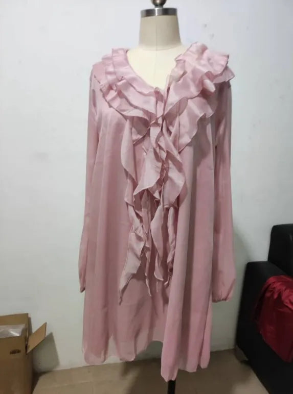 Women's Fashion Summer Beach Style Dress For Women Ruffles Tassel Tie Up Sexy V-neck Loose Solid Color Long Sleeves Dress Women SwiftNest