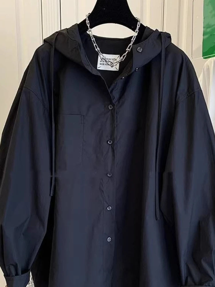 أزياء نسائية، بلوزات كبيرة الحجم، ملابس نسائية 2025، بلوزات نسائية أنيقة، قميص بقلنسوة بأكمام طويلة، معطف أبيض أساسي كاجوال