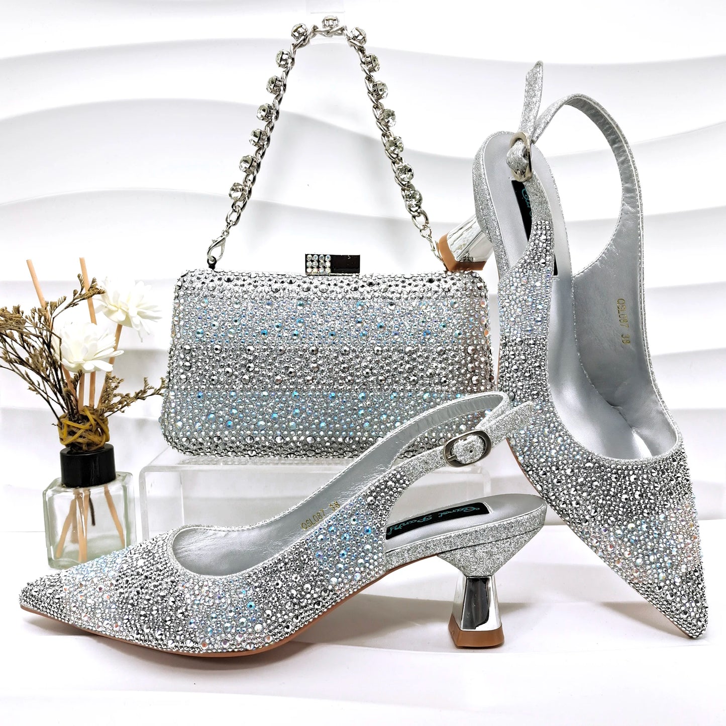 New Italian Design Stylish And Elegant Sky Blue Rhinestone Embellished Satin Pointy Toe Pumps And Clutch Bag