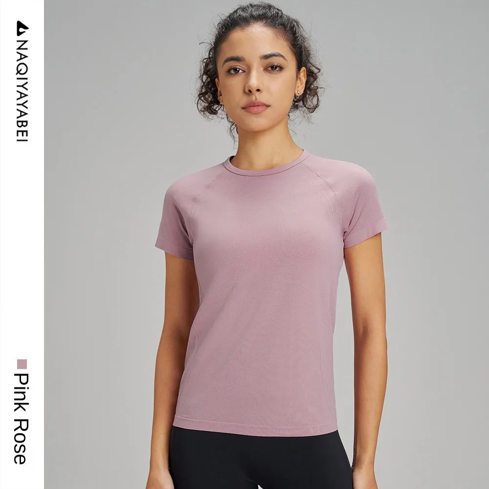 Outdoor yoga T-shirt, quick drying solid color sportswear, casual running, quick drying fitness training, short sleeved women