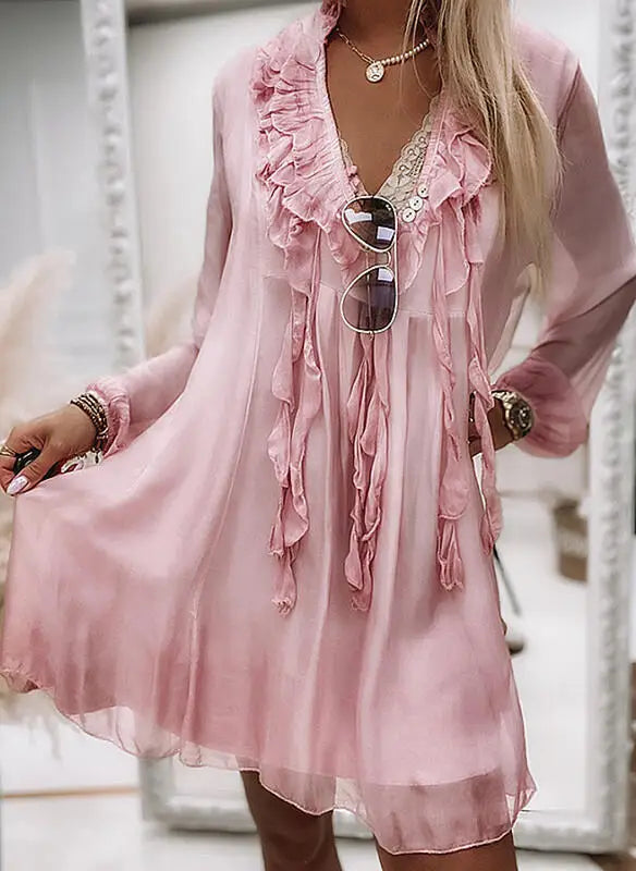 Women's Fashion Summer Beach Style Dress For Women Ruffles Tassel Tie Up Sexy V-neck Loose Solid Color Long Sleeves Dress Women SwiftNest