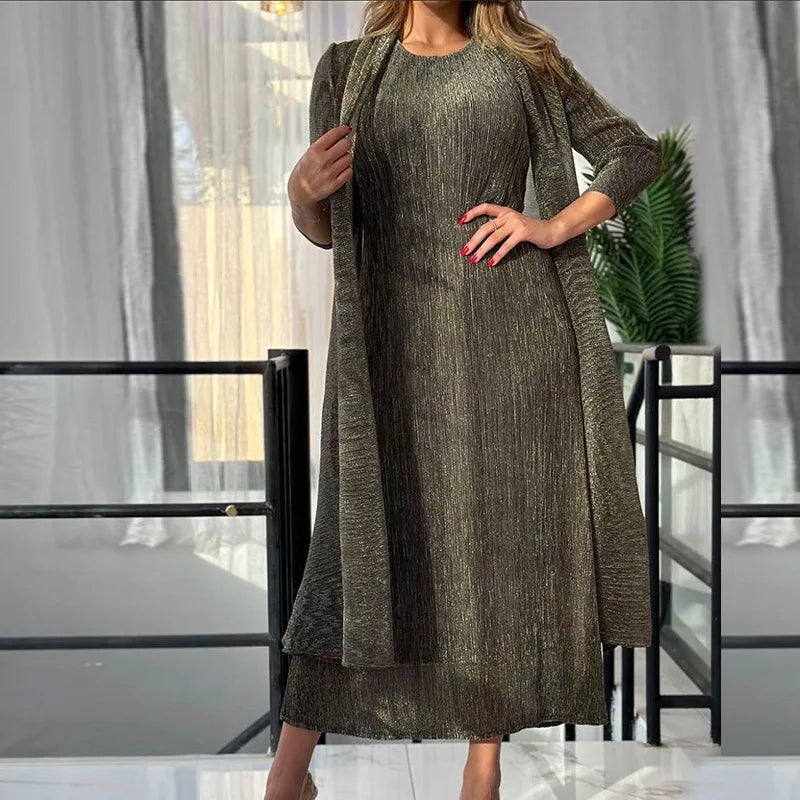 Womens Dresses Fashion 2025 Pleated Clothing Womens 2 Piece Outfit Two Piece Sets Metallic Fabrics Casual Long Dresses