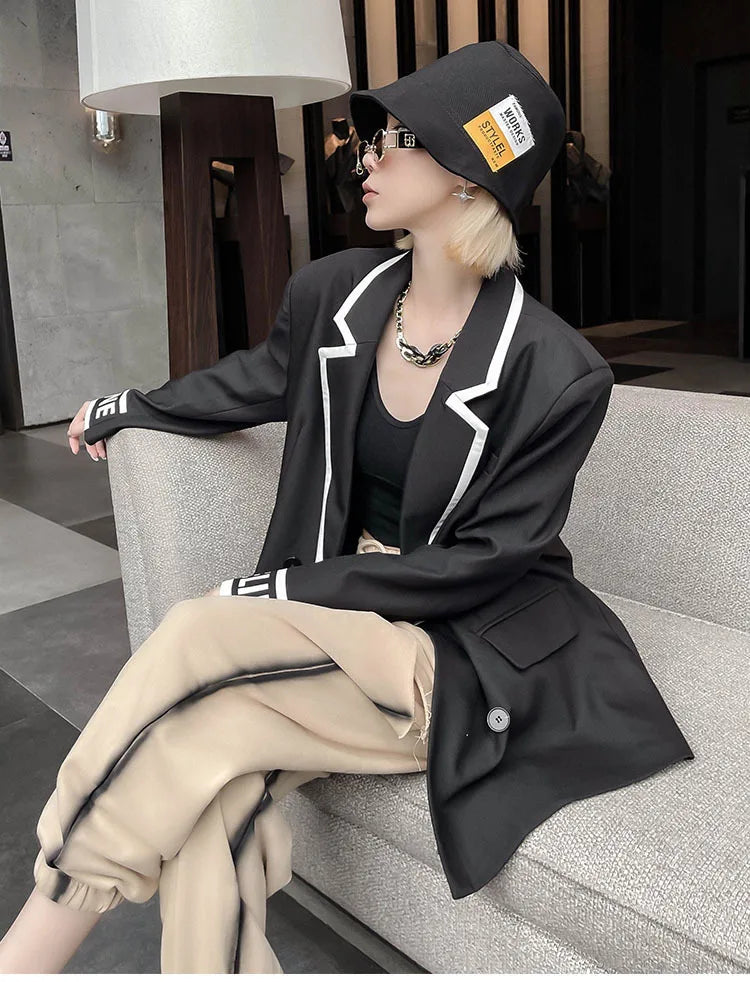 Women Fashion Jacket Wedding Casual Business High Quality Black Blazer Suit Coat Ladies Double Breasted Letter Long Sleeve Tops