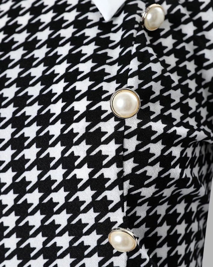 Womens Dresses 2024 Spring Fashion Houndstooth Button Decor Puff Sleeve Ruffle Hem Elegant Turn-Down Collar Daily A Line Dress SwiftNest