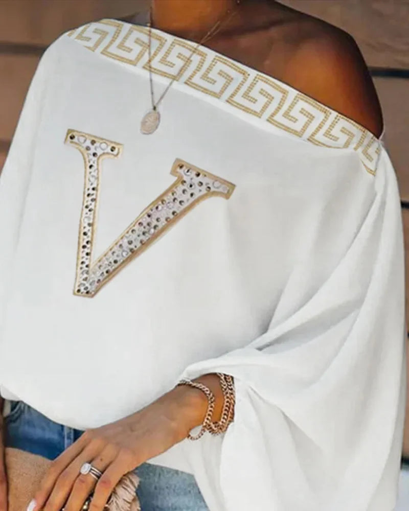2025 Fall Women Sexy White Skew Collar Fashion T-shirts Daily Wear One Shoulder Rhinestone Letter Long Sleeve Casual Top mujer