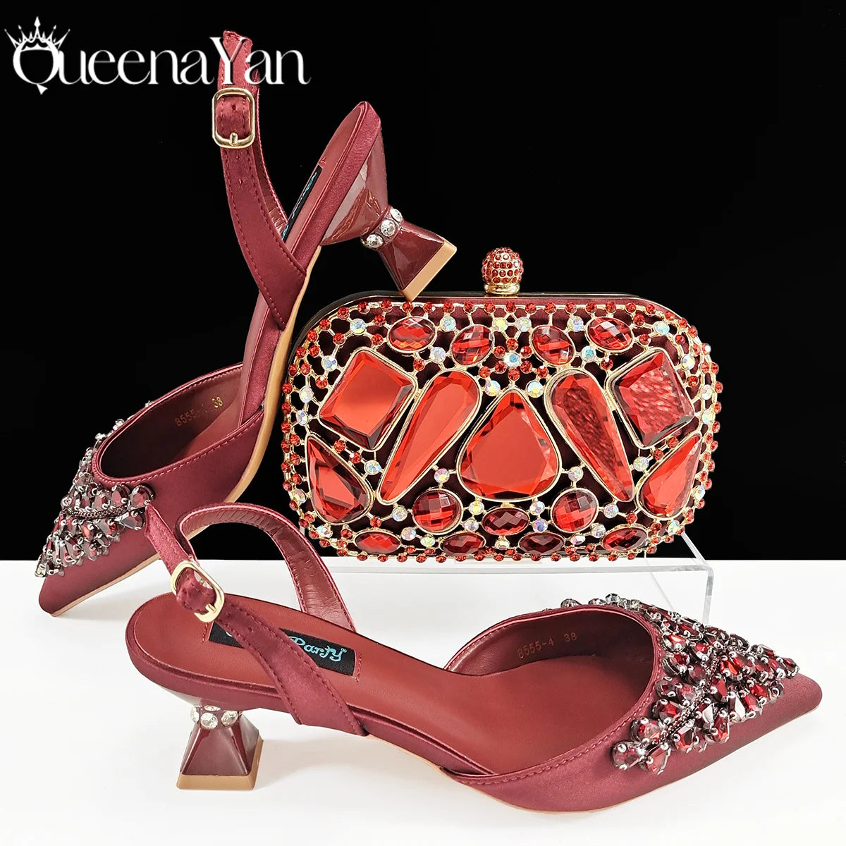 Queena Yan Italian shoes and handbags accessory set with rhinestone metal embellishments Wedding shoes Bridal shoes Designer