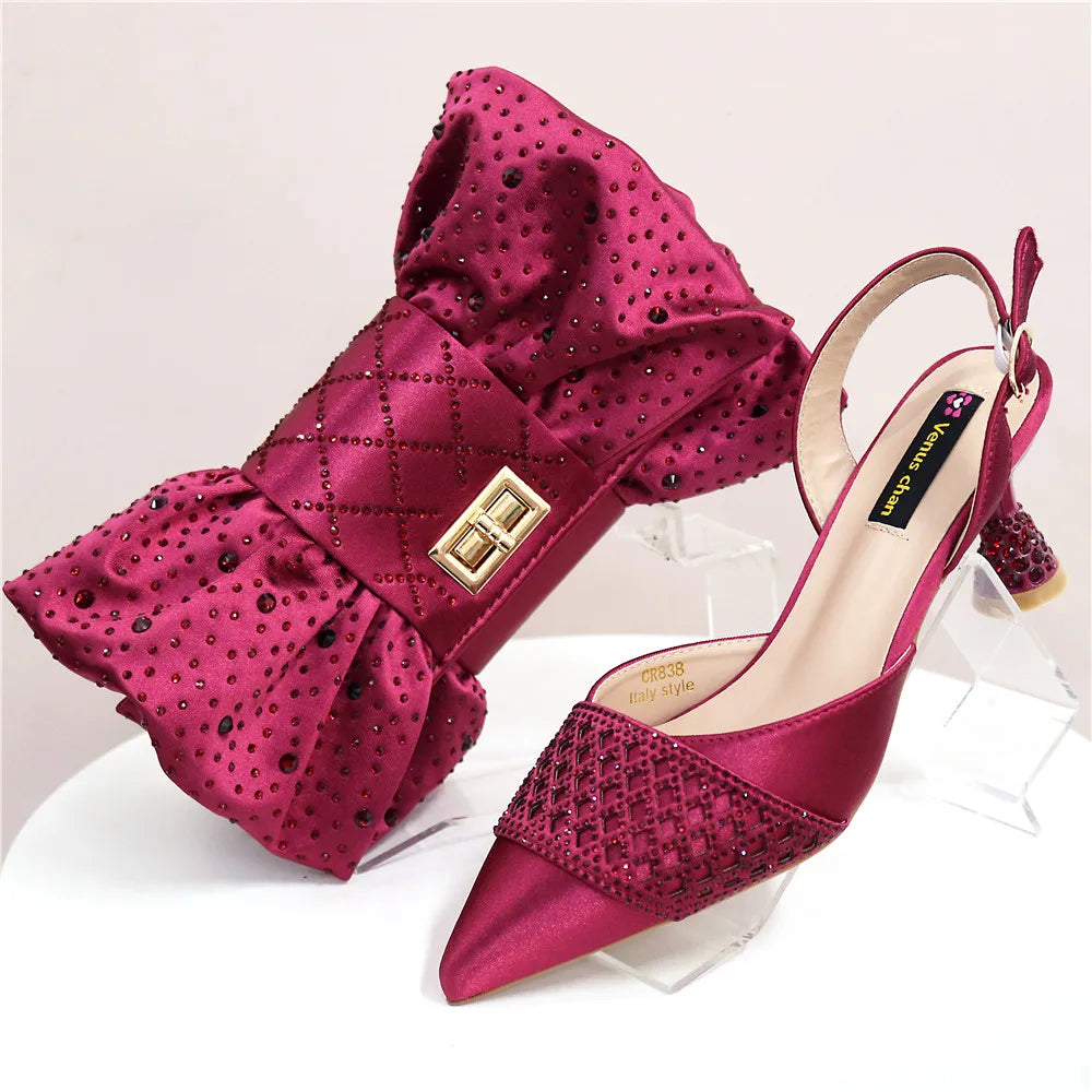 Latest Women Italian Shoes and Matching Bags Decorated with Rhinestone Elegant Pointed Toe Wedding Shoes Bride