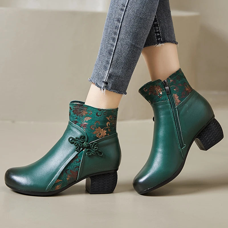 GKTINOO Genuine Leather Ankle Boots 2025 Winter New Ethnic Printed Women's Boots Soft Soles Thick Heels Mother's Leather Boots