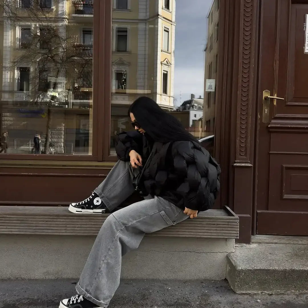 Women Fashion Solid Stand Collar Short Cotton Coat Casual Full Sleeve Zipper Pocket Loose Warm Jacket Lady Winter  Commute Wear