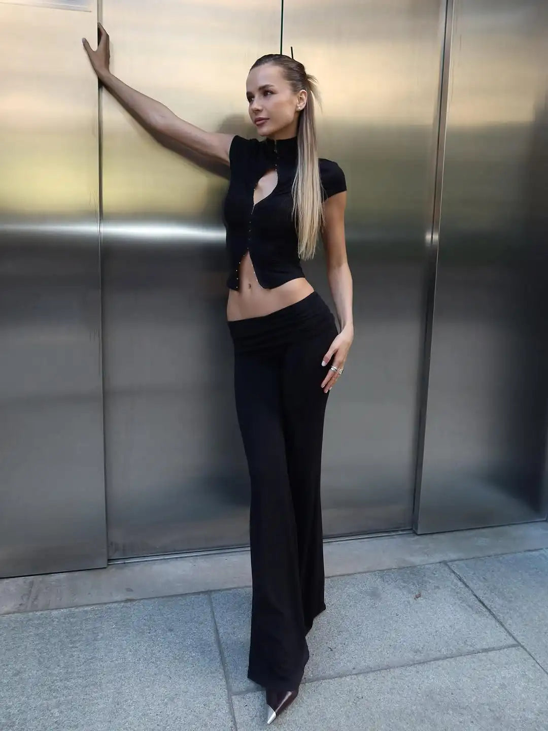 Women's Fashion Short Sleeve Pants Set Chic Tight Zipper Top Straight Leg Low Waist Trousers Casual Streetwear Commute Outfit