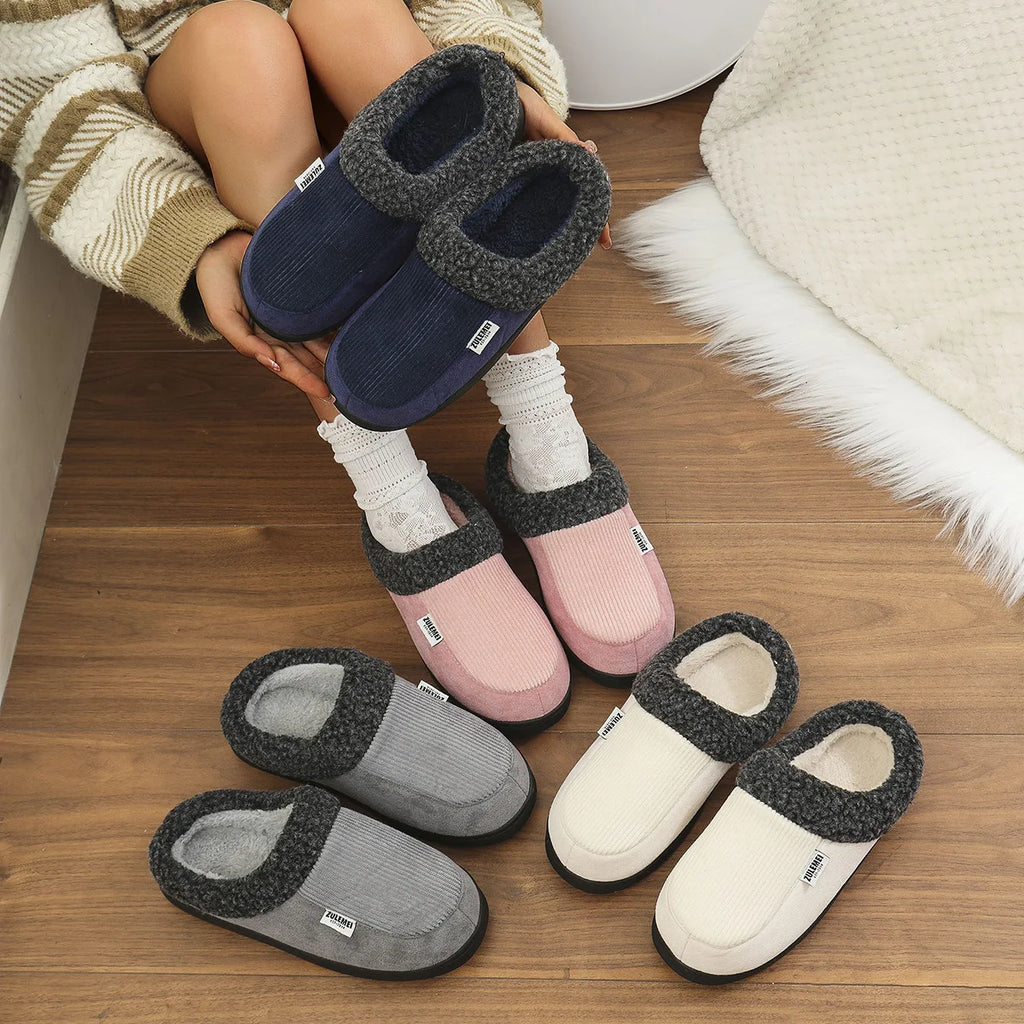 Litfun Winter Men Cotton Shoes Warm Fleece Lined Outdoor Fashion Fuzzy Slides Indoor Antiskid Short Plush Female House Slippers