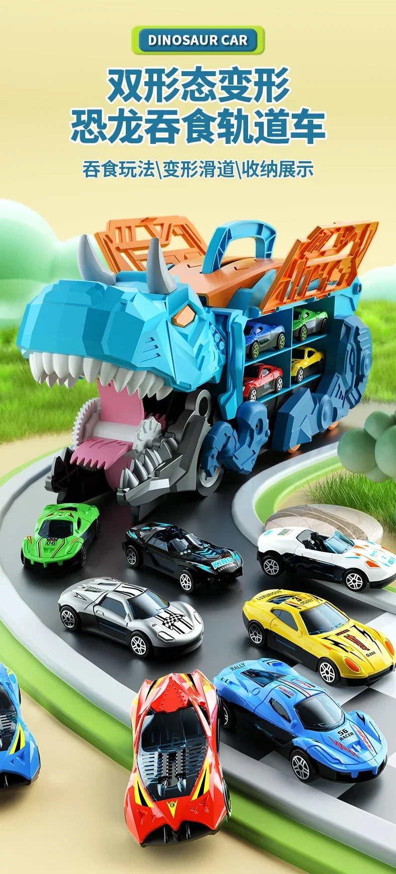 Dinosaur Toys for Kids Boys Ages 3-5, Car Track Set Dinosaur Transport Truck with Diecast Cars that Transform into Dinosaurs