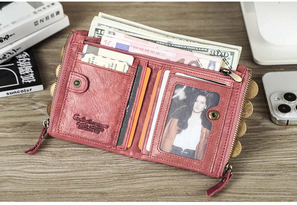 محفظة قصيرة من الجلد الأصلي للنساء من CONTACT'S، حامل بطاقات فاخر بتصميم محفظة عملات معدنية ومشبك نقود ومحفظة صغيرة للنساء والرجال