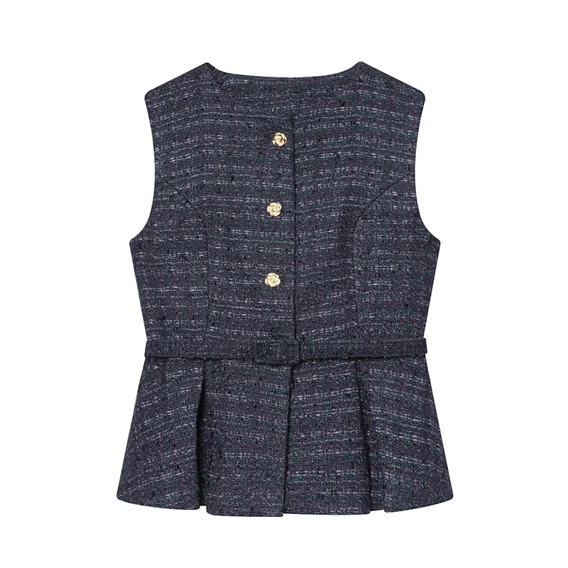 Women's Waistcoat Fashion With Belt O-Neck Sleeveless Vests Vintage Female Outerwear Chic Tops