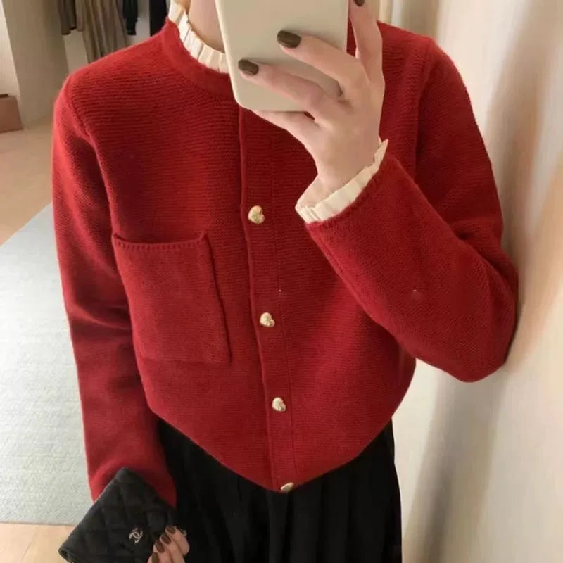 Women's Clothing 2025 Autumn New Love Button Knitted Cardigan Jacket Lazy Style Sweet Fashion Sweater Tops