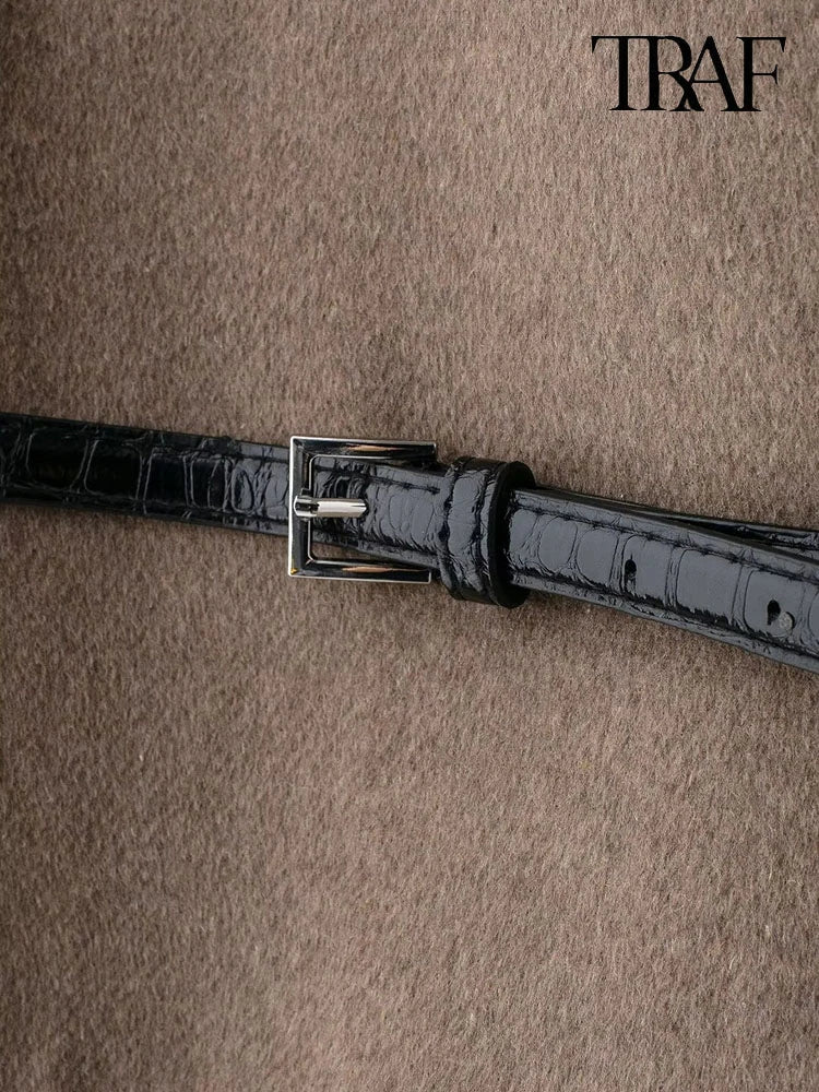 Women's Fashion 2024 fall and winter new elegant high street with belt loose V-neck solid color long-sleeved warm jacket