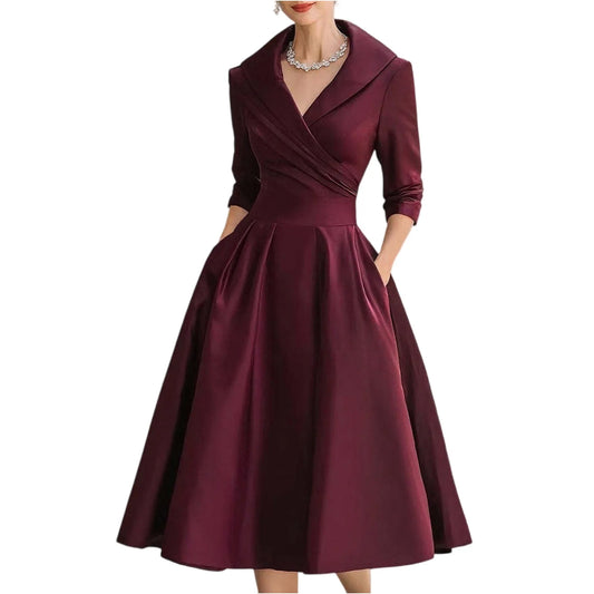 Women's Casual Fashion V-neck Retro Dress Elegant Waist Slimming Long-sleeved Party Dress Solid Color High Waist Commute Dress