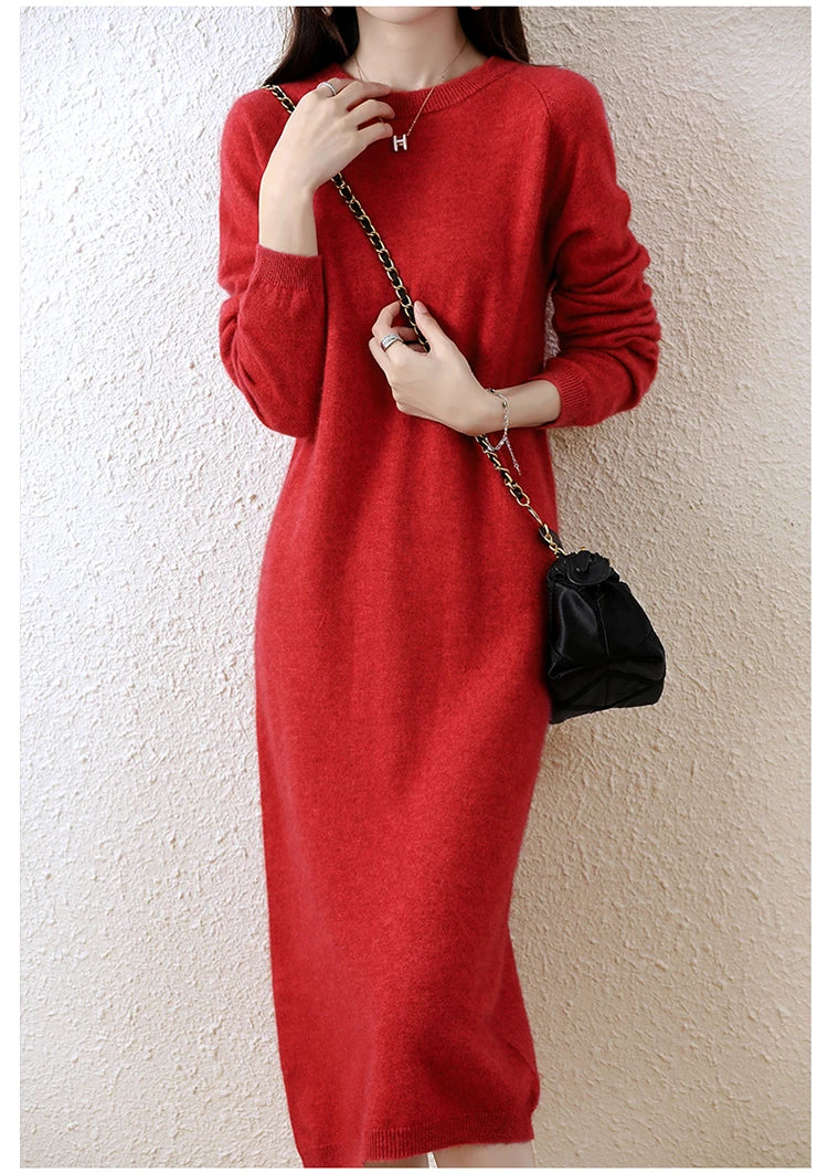 2022 Autumn Winter New Women Fashion Dress 100% Wool Warm Sweater Dress Long Sleeve Knitted Pullover Female Casual Dresses SwiftNest