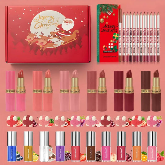 Christmas Beauty Gift Box Includes Lip Color, Lip Glaze, Lipstick, Lipliner, Durable Easy Makeup Color Suit