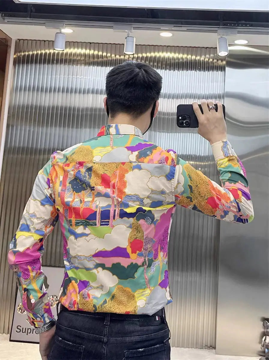 Men's Spring Autumn Fashion Trend Slim Fit Casual Floral Print Long Sleeve