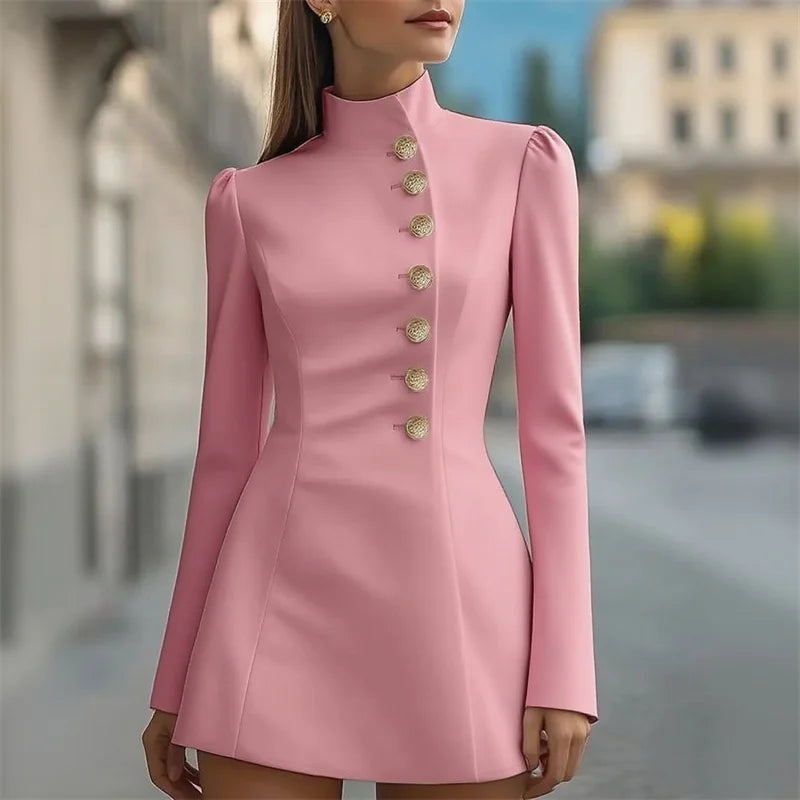 Women Fashion Commuter Solid Blazers Dress Office Single Breasted Waist Party Dress Elegant Stand Collar Long Sleeve Mini Dress