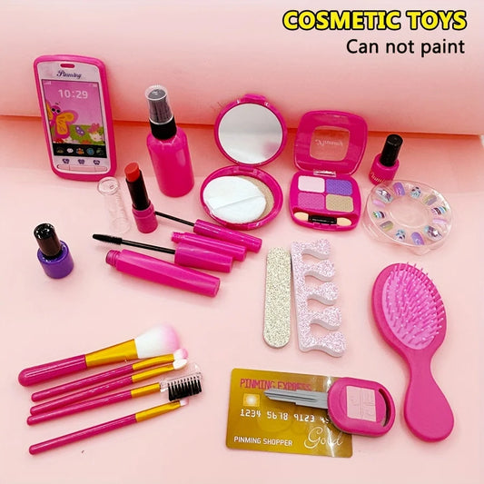 Pretend Makeup Kit For Girls With Cosmetic Bag Toy Makeup Playhouse- Cellphone Travel Set, Nail Beauty Set Lipstick Fun Game