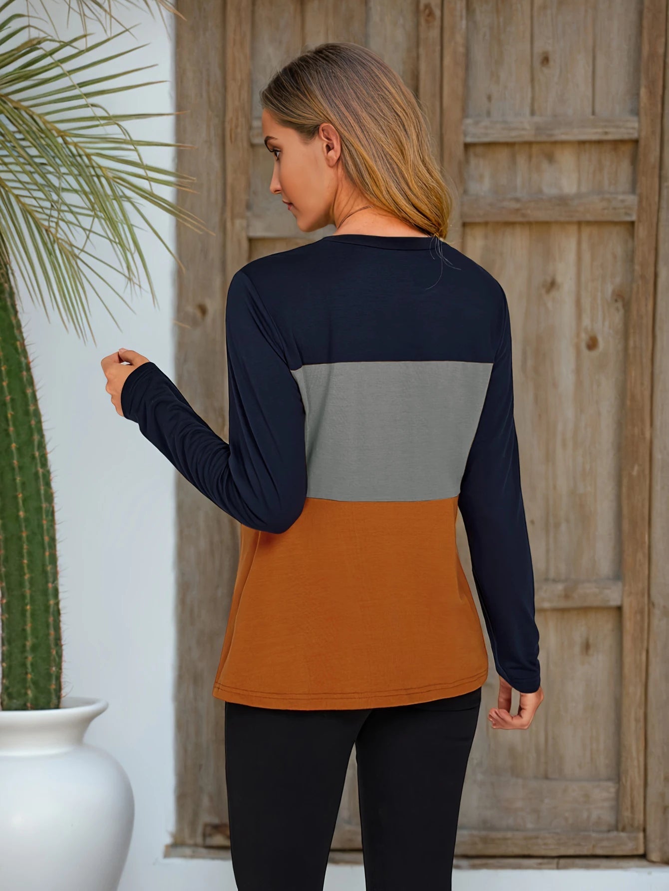 Women's Autumn/Winter Fashion Colorblock Slit Hem Long Sleeve T-shirt SwiftNest