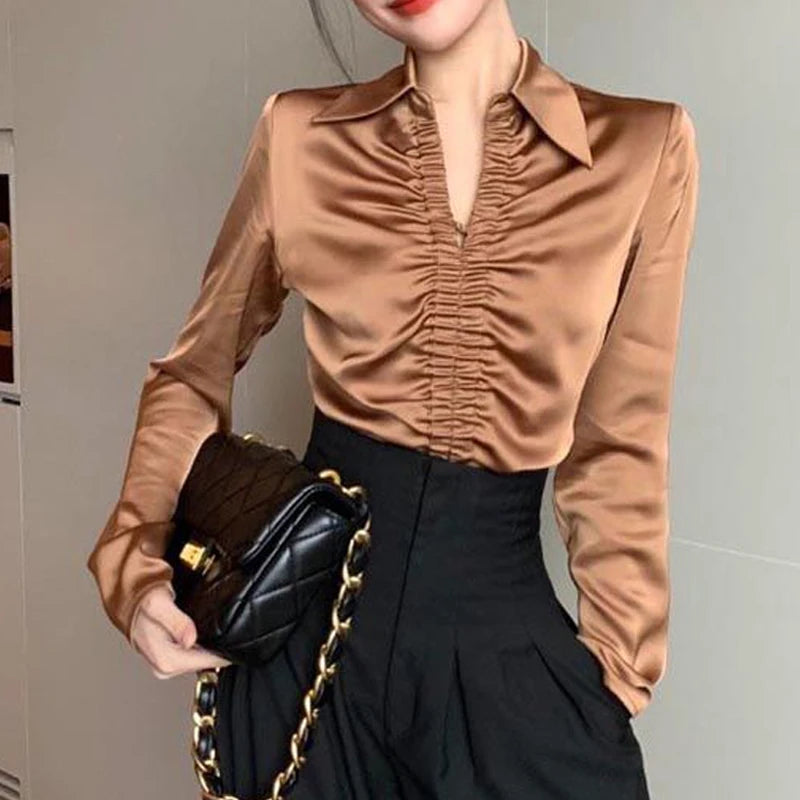 Women French Style Vintage Satin Luxury Designer Shirts Spring Autumn Fashion Elegant Blouse V Neck Long Sleeve Tops Chic Blusas SwiftNest