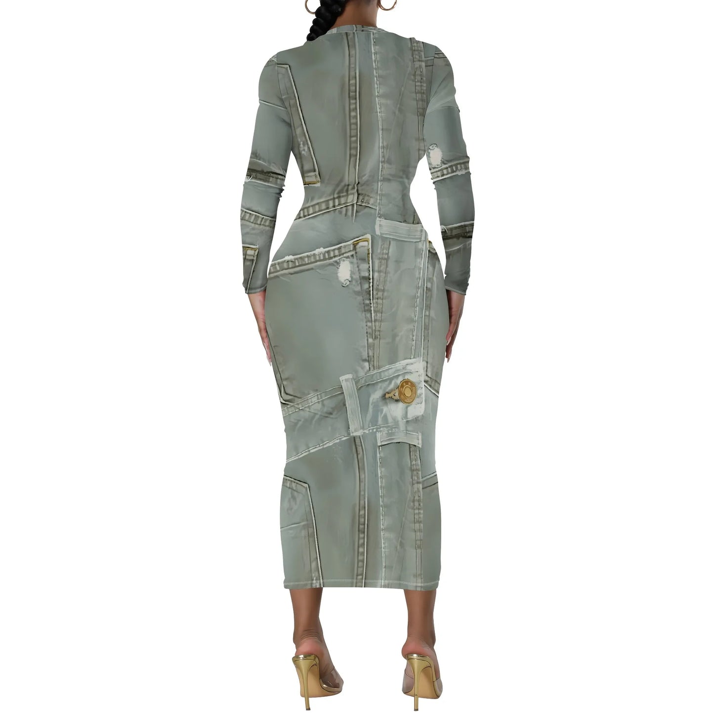 European and American women's fashion temperament casual print slim black dress