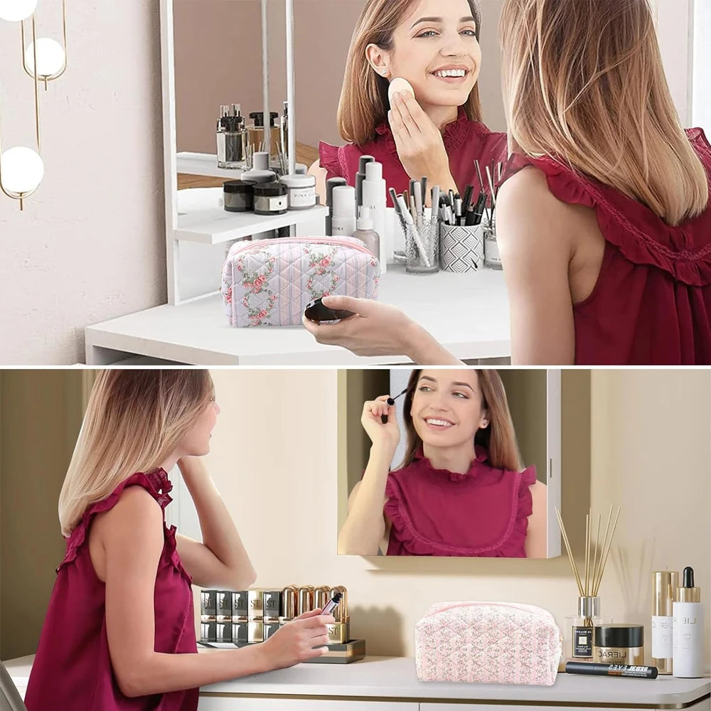 Floral Cosmetic Bag For Women And Girls Quilted Makeup Accessories Pouch For Travel Daily Travel Use Skincare Bag Multipurpose