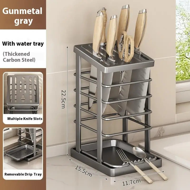 Kitchen Countertop Companion: Multi-function Dish Rack, Knife Holder and Tool Storage with Drain Tray
