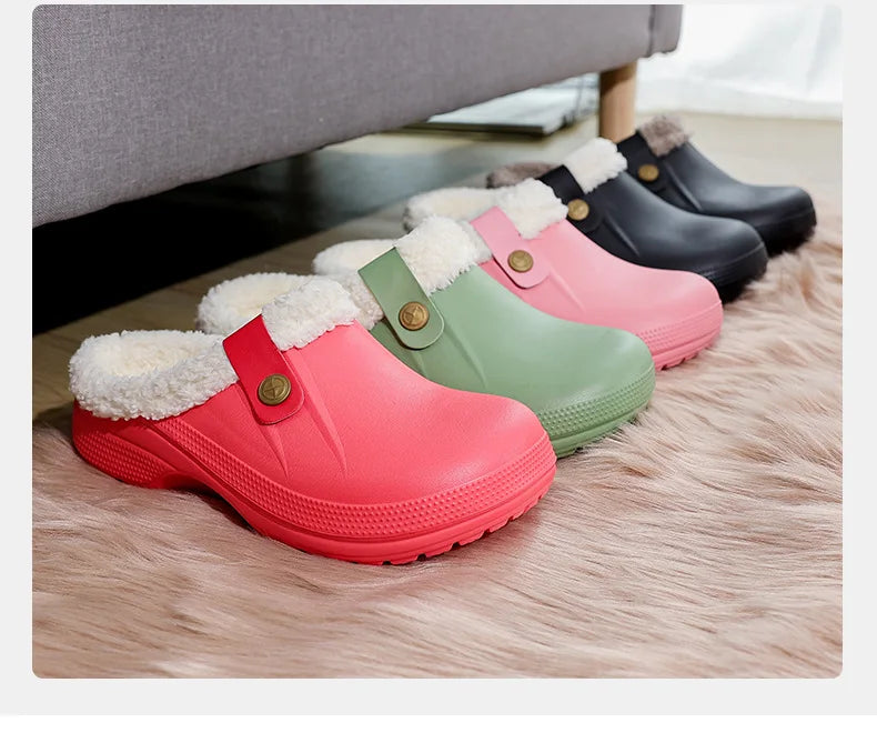 Waterproof Mule Clogs Men Slippers Winter Warm Unisex Fur Slippers House Room Slippers Trend Indoor Floor Shoes Slides For Women