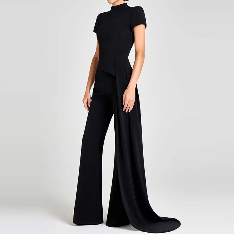 Women Elegant Commuting 2Pc Suit Fashion Stand Collar Solid Color Irregular Set Casual Short Sleeve Pullover & Long Pant Outfits