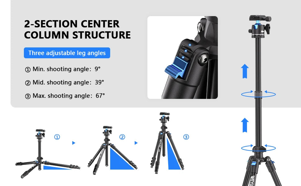 حامل ثلاثي خفيف الوزن Weyllan EP5 مصنوع من سبائك الألومنيوم وحامل ثلاثي محمول برأس كروي وحامل إضاءة للتصوير الفوتوغرافي للكاميرا