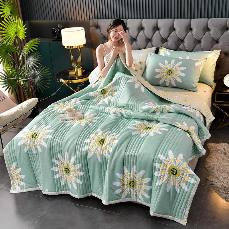 لحاف صيفي من القطن المغسول، لحاف مكيف للهواء، بطانية ناعمة وجيدة التهوية، مفرش سرير مطبوع عليه أوراق رقيقة، غطاء سرير، منسوجات منزلية