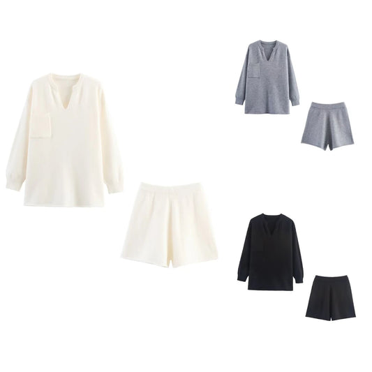 Women's Fashion V-neck Sweater Top And Matching Knitted Shorts New Style Short Pantsuit for Women
