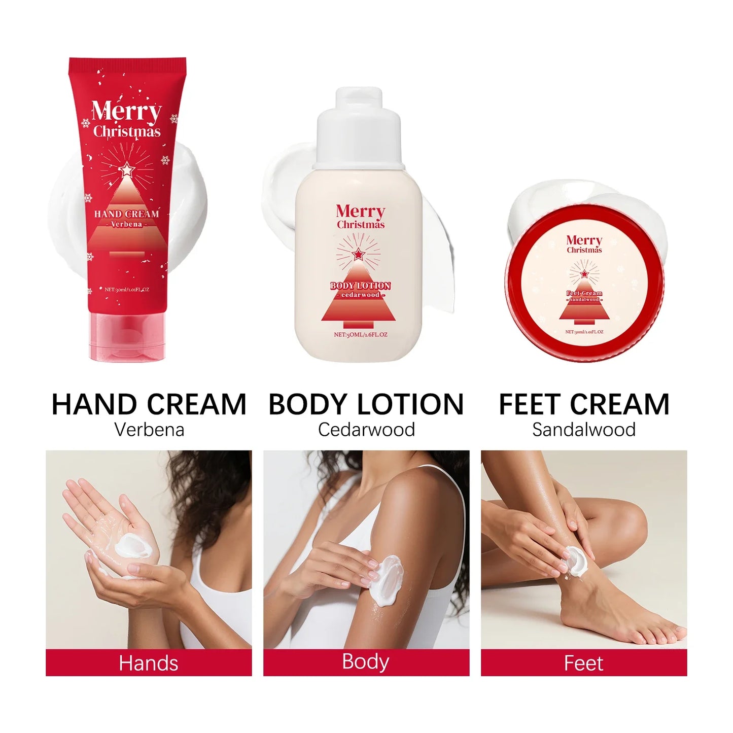 مجموعة هدايا للعناية بالبشرة لعيد ميلاد سعيد 110 مل - كريم لليدين والجسم والقدمين مع قلم أظافر، برائحة نبات اللويزة الطبيعية وخشب الأرز وخشب الصندل