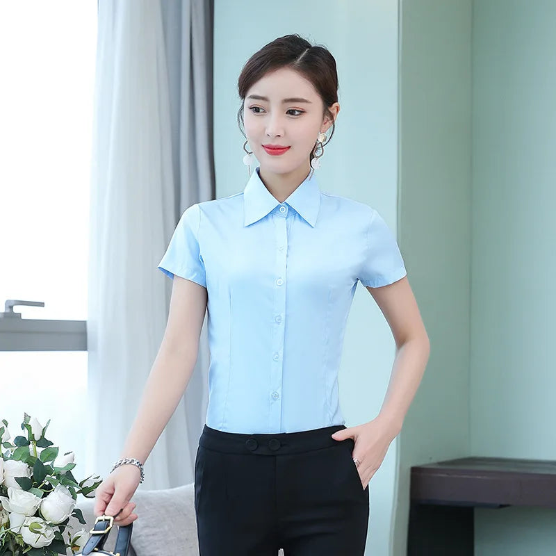 Fashion White Shirts Woman 2025 Autumn Short Sleeve Blouse Solid Ladies Tops OL Female Clothing  Basic Work Shirt Women's Blouse SwiftNest
