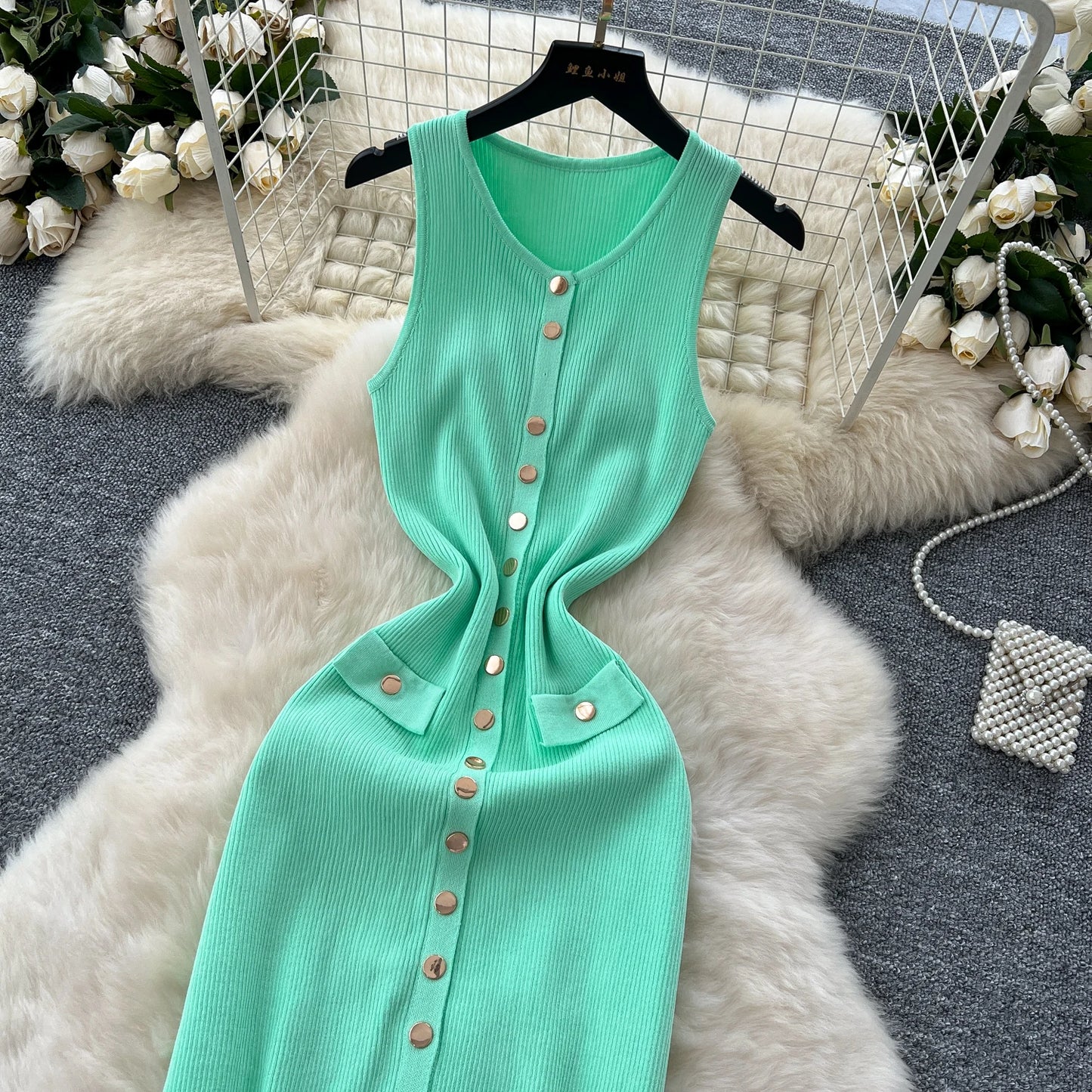 2025 New Women Chic Fashion With Golden Buttons Knitted Midi Dress O Neck Sleeveless Female Dresses Vestidos Mujer