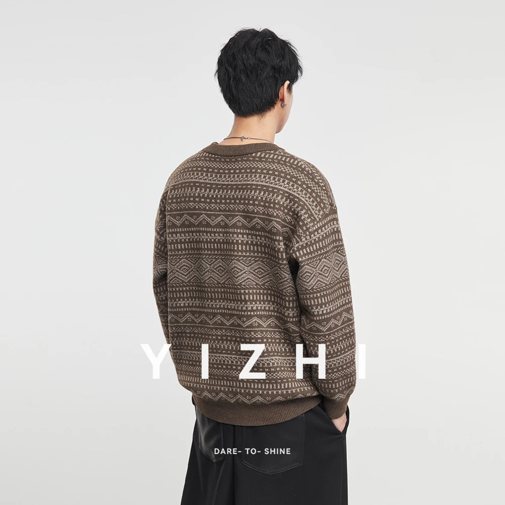 Fashion Men's Knitwear 2025 Autumn Winter New Season Lazy Fair Isle Contrast Retro Loose Crewneck Sweater Pullover